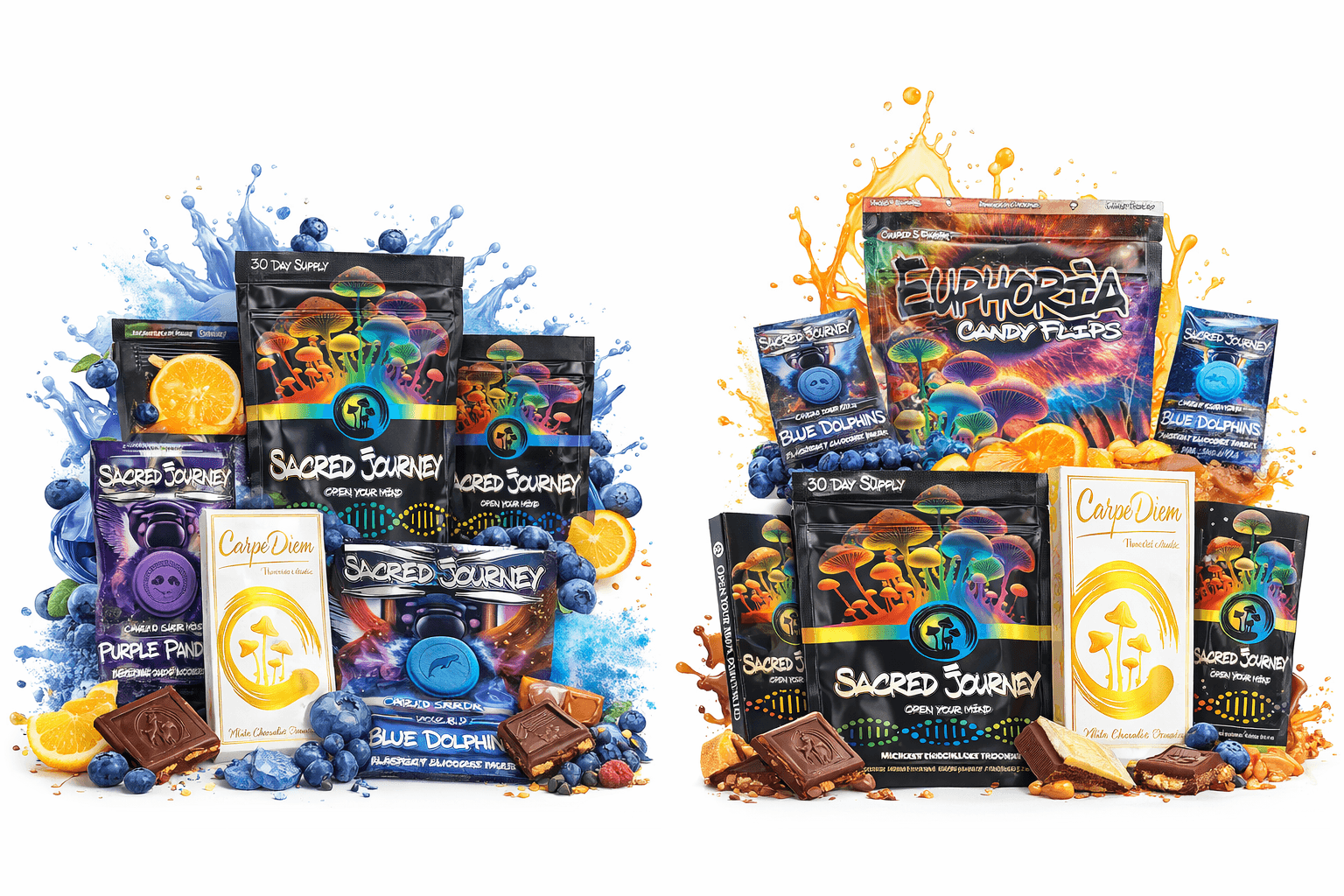Sacred Journey product lineup — gummies, chocolate bars, and more
