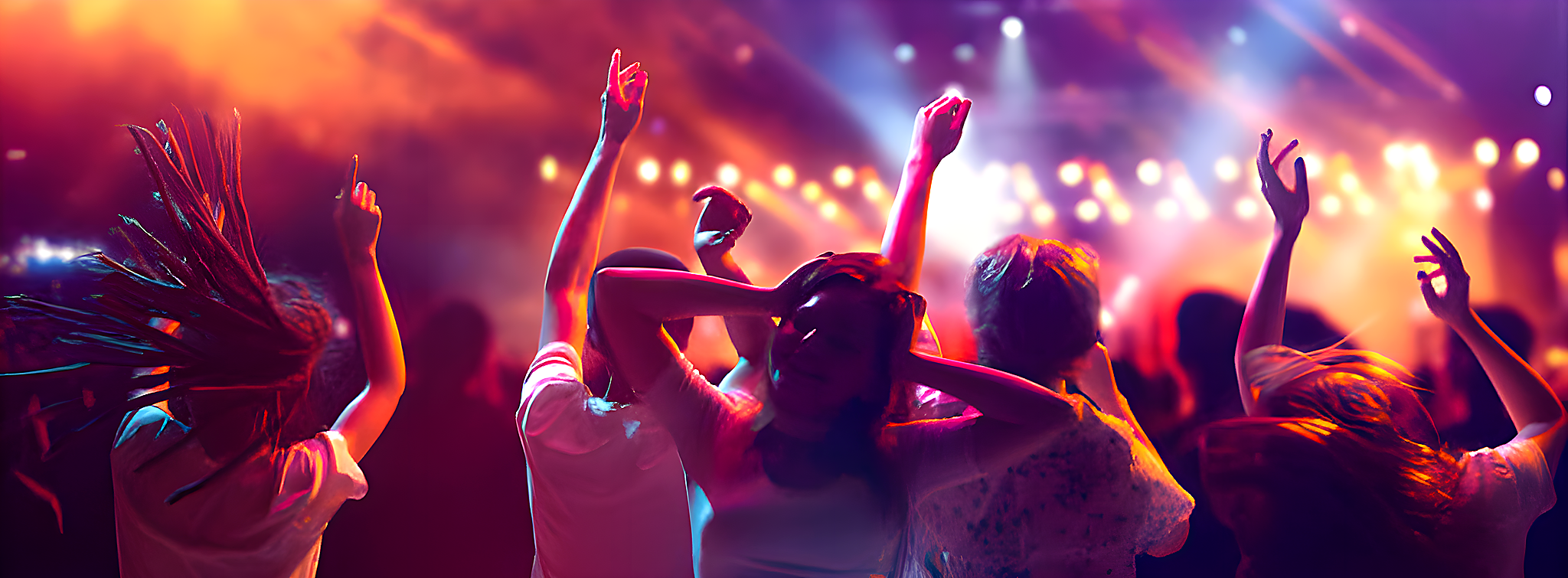 Crowd dancing at a vibrant concert with colorful lights